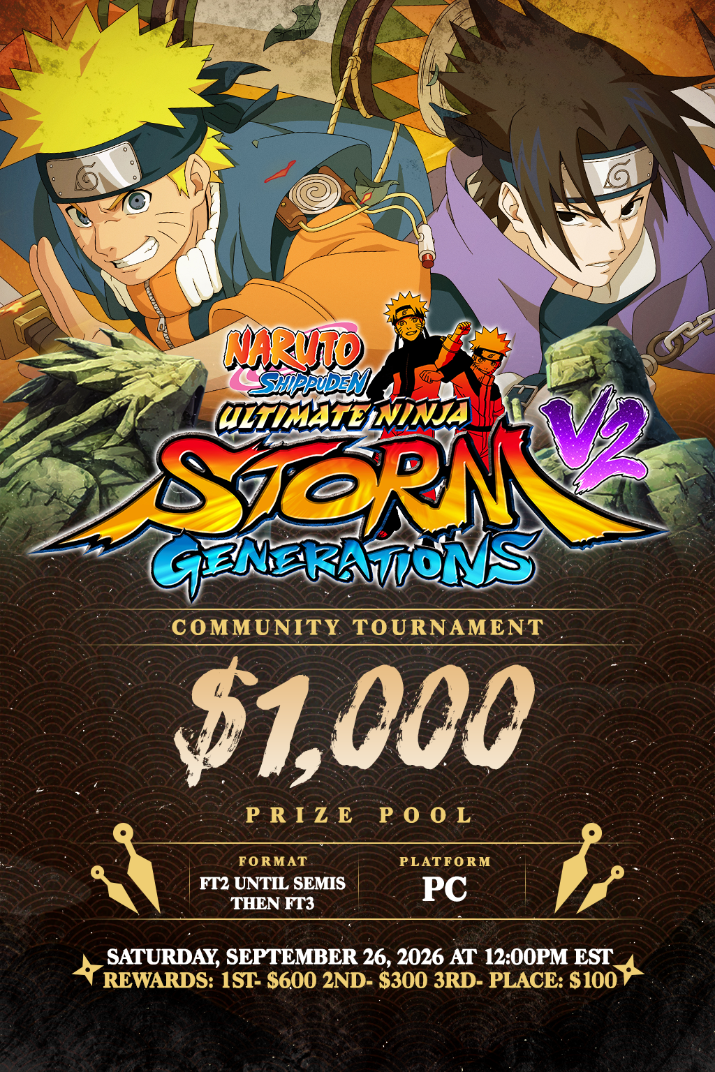 UNSG V2 Community Tournament, September 26, 2026 at noon EST. PC, $1,000 prize pool.
